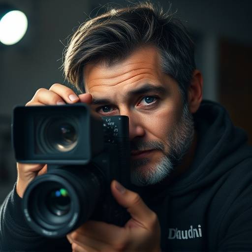 Portrait d'Antoine Dubois, directeur de la photographie, tenant une cam√©ra et regardant √† travers le viseur.