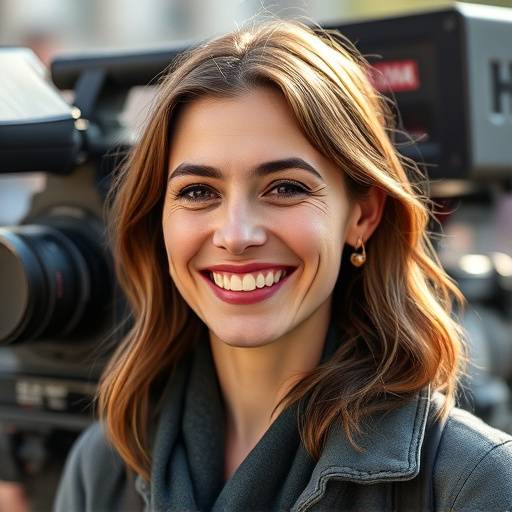 Portrait d'Isabelle Moreau, r√©alisatrice et sc√©nariste, souriant devant une cam√©ra de cin√©ma.