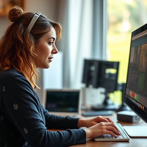 Portrait de Chlo√© Lefevre, monteuse, assise devant un ordinateur et travaillant sur un logiciel de montage vid√©o.